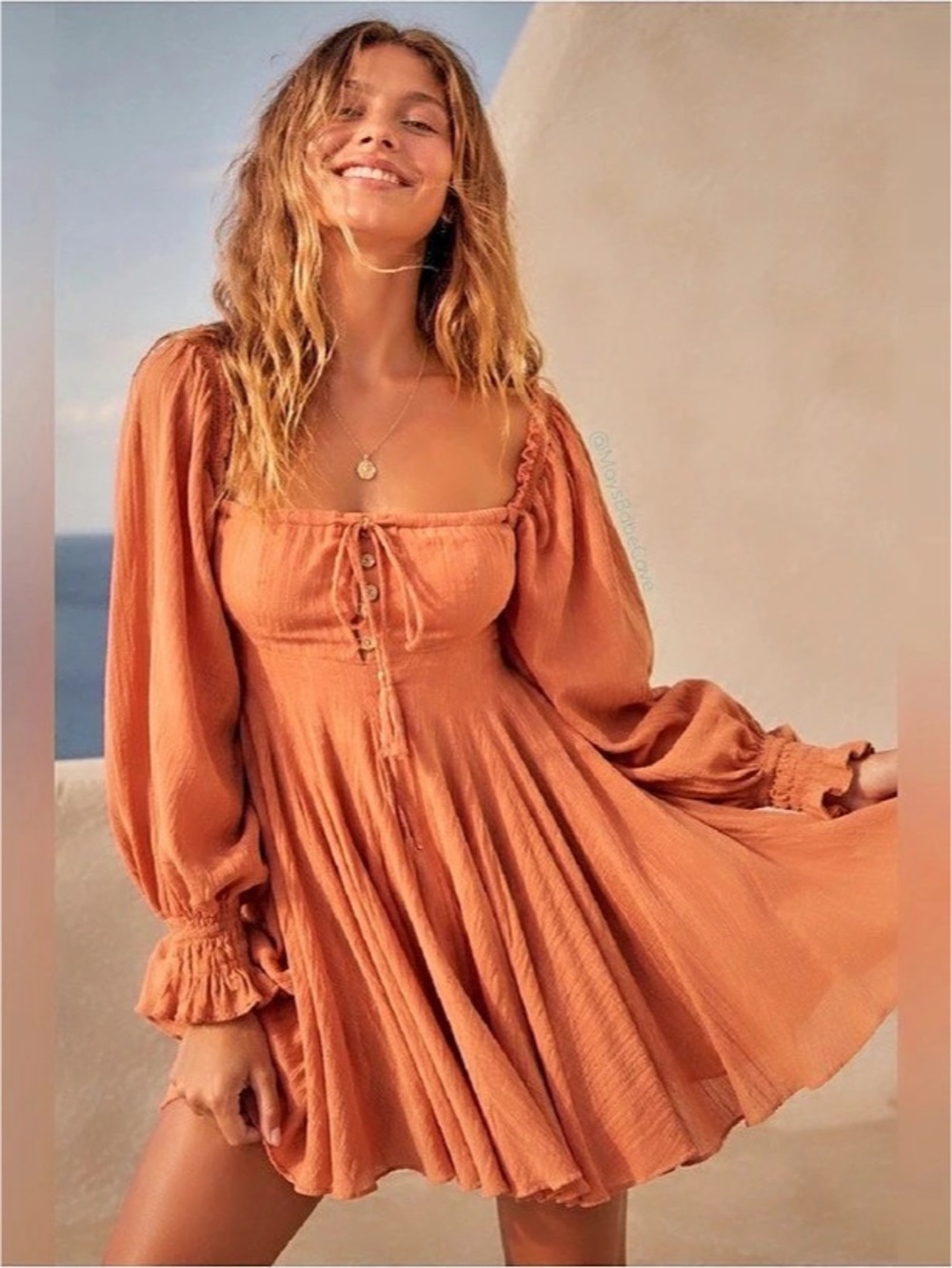 Free People How About You Rust Long Sleeve Mini Milkmaid Cottagecore Boho Dress